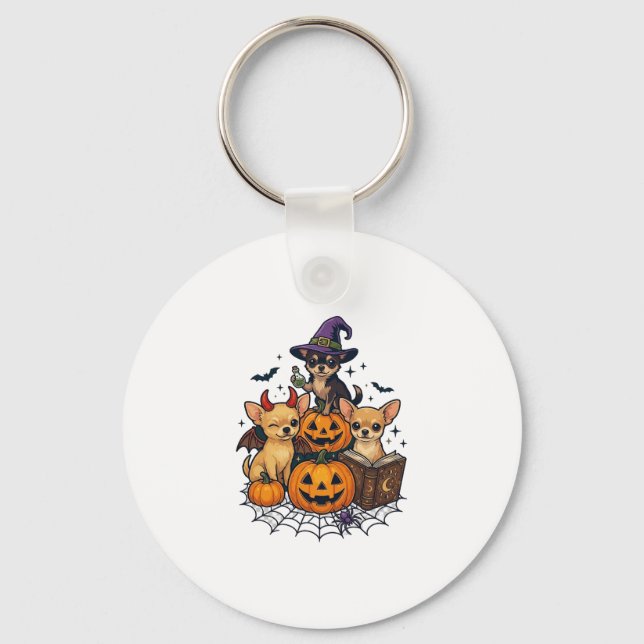 Halloween Chihuahua Dogs Pumpkins Witch Hat Spell  Keychain (Front)