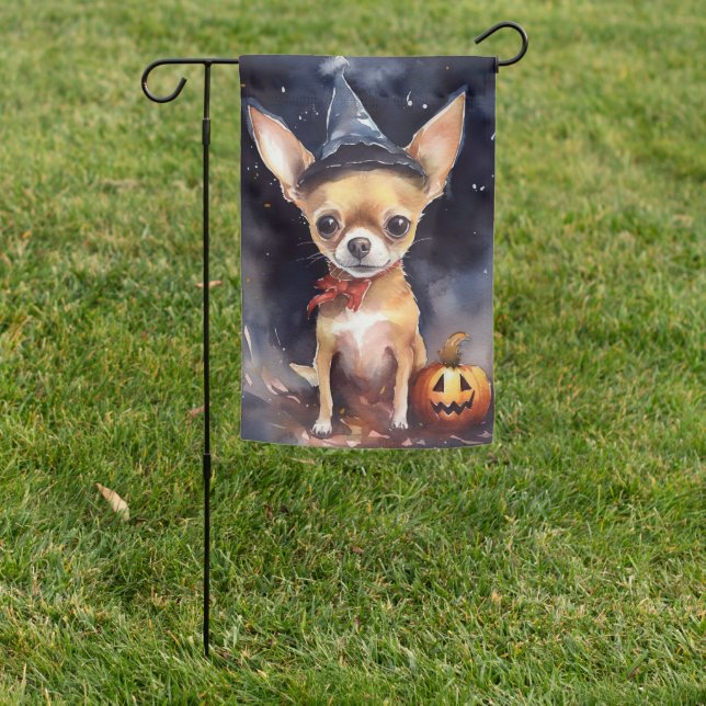 Halloween chihuahua With Pumpkins Scary Garden Flag (In SItu)