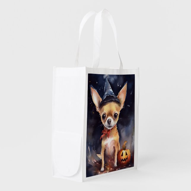 Halloween chihuahua With Pumpkins Scary Grocery Bag (Front Side)
