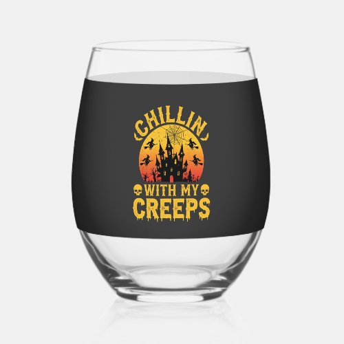 Halloween Chillin With My Creeps Haunted Castle De Stemless Wine Glass