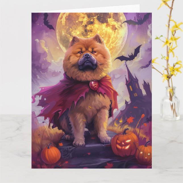 Halloween Chow Chow Vampire Pumpkins Scary Card (Yellow Flower)