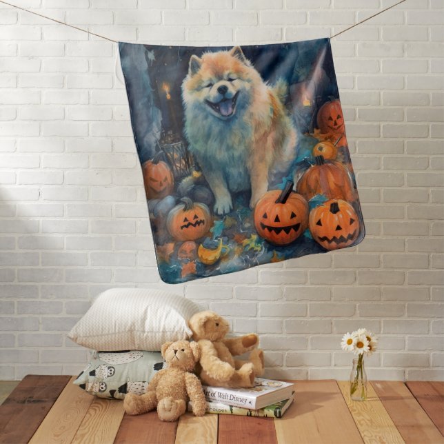 Halloween Chow Chow With Pumpkins Scary  Baby Blanket (In Situ)