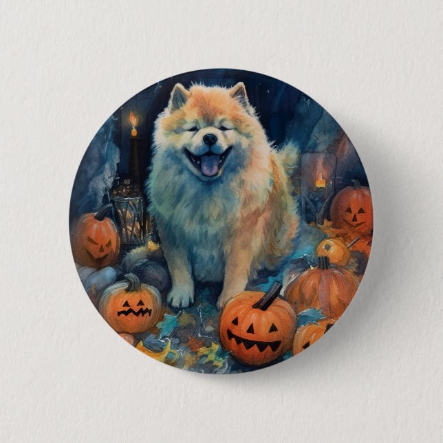Halloween Chow Chow With Pumpkins Scary  Button (Front)