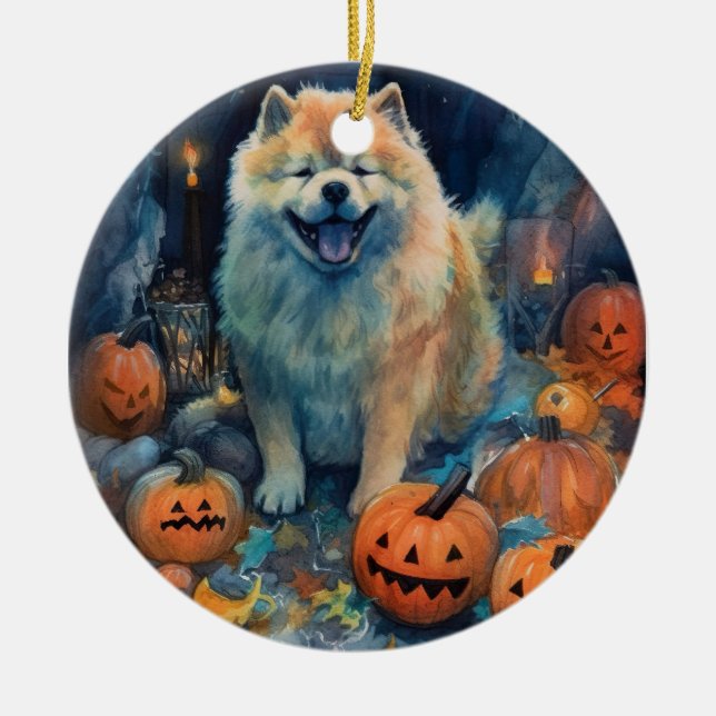 Halloween Chow Chow With Pumpkins Scary  Ceramic Ornament (Front)