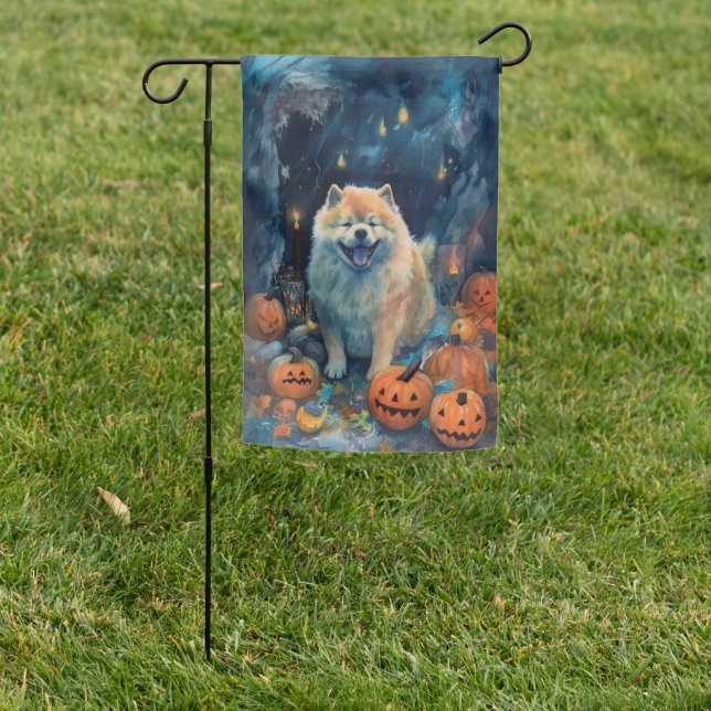 Halloween Chow Chow With Pumpkins Scary  Garden Flag (In SItu)