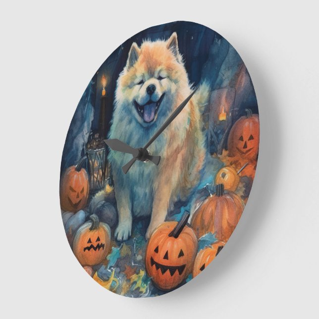 Halloween Chow Chow With Pumpkins Scary  Large Clock (Angle)