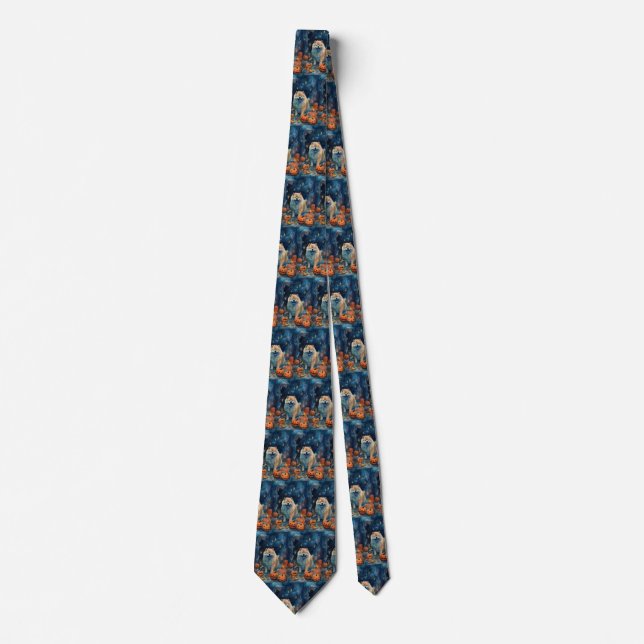 Halloween Chow Chow With Pumpkins Scary  Neck Tie (Front)