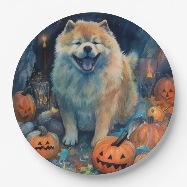 Halloween Chow Chow With Pumpkins Scary  Paper Plates (Front)