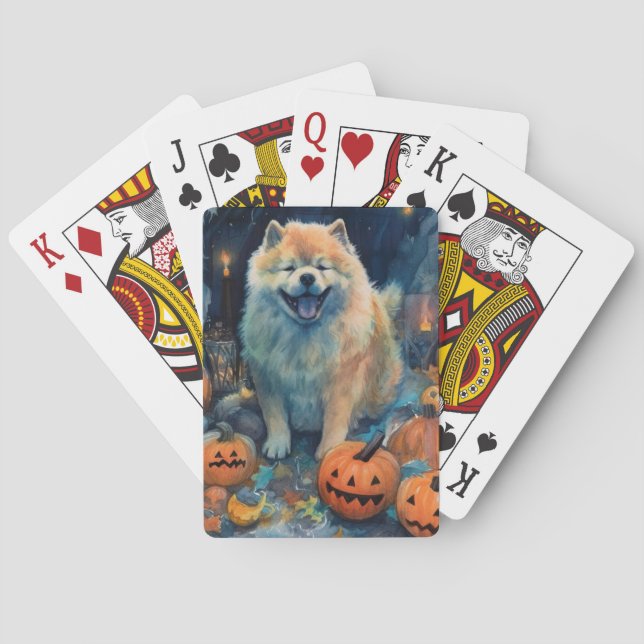 Halloween Chow Chow With Pumpkins Scary  Poker Cards (Back)