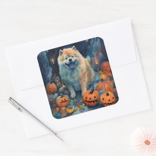 Halloween Chow Chow With Pumpkins Scary  Square Sticker