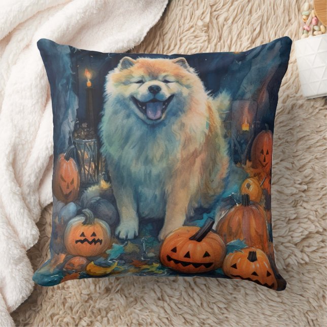 Halloween Chow Chow With Pumpkins Scary  Throw Pillow (Blanket)