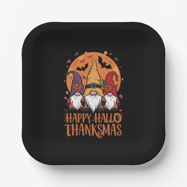 Halloween Christmas Happy HalloThanksMas Gnomes Paper Plates (Front)