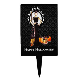 Halloween Classic Elegant Long Black Dress Cake Topper