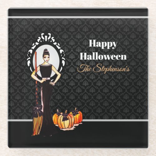 Halloween Classic Elegant Long Black Dress Canvas  Glass Coaster