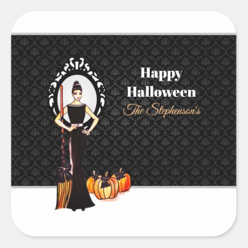 Halloween Classic Elegant Long Black Dress Canvas  Square Sticker