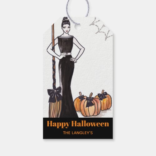 Halloween Classic Elegant Long Black Dress Gift Tags