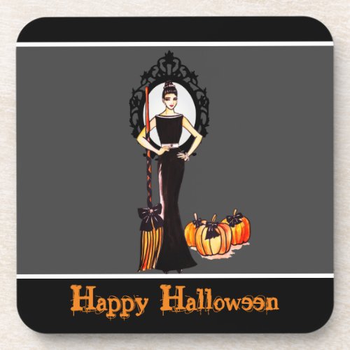 Halloween Classic Elegant Long Black Dress Gothic Beverage Coaster