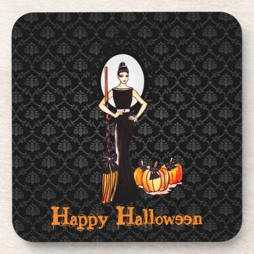 Halloween Classic Elegant Long Black Dress Gothic Beverage Coaster