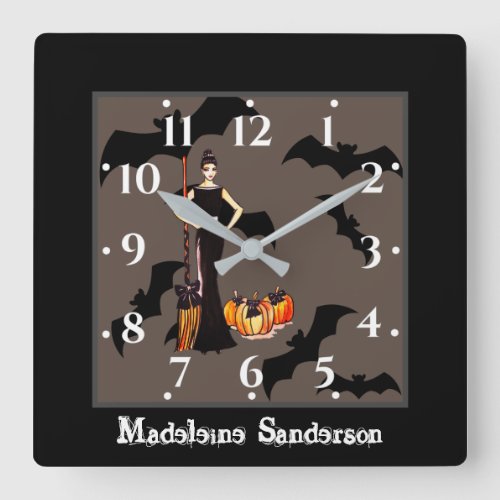 Halloween Classic Elegant Witch Black Dress Square Square Wall Clock