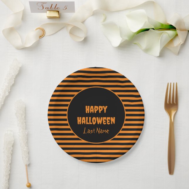 Halloween Classic Orange and Black Striped Paper Plates (Wedding)