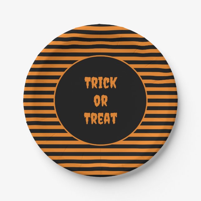 Halloween Classic Orange and Black Striped Paper Plates (Front)