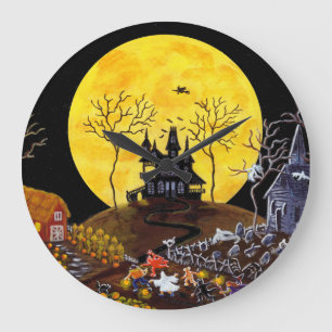 Halloween,clock,graveyard,ghosts,witch,church Large Clock