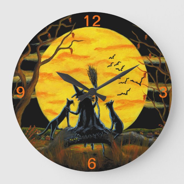 Halloween,clock,witch,bats,snake,frog,cats Large Clock (Front)
