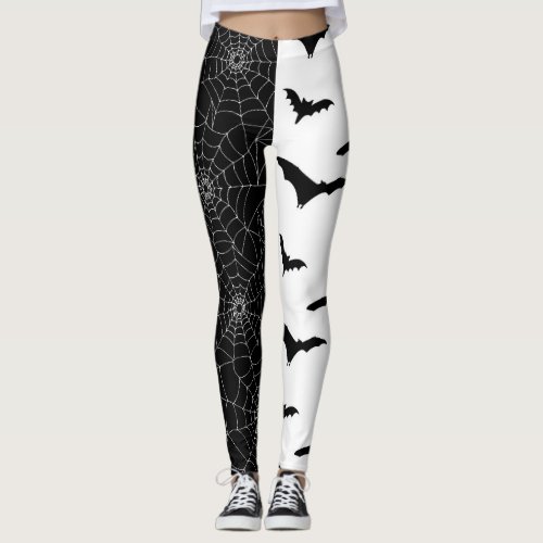 Halloween Cobwebs and Bats Black and White Pattern Leggings