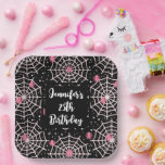 Halloween Cobwebs & Spiders Pattern Birthday Paper Plates<br><div class="desc">Paper plates with a cute seamless pattern with white cobwebs and pink spiders.</div>