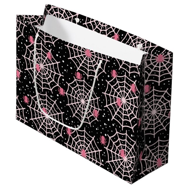 Halloween Cobwebs & Spiders Pattern Large Gift Bag (Front Angled)
