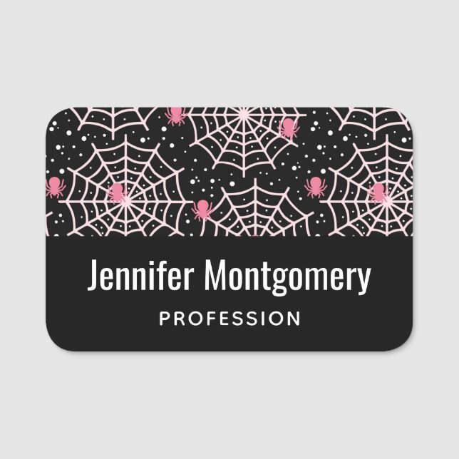 Halloween Cobwebs & Spiders Pattern Name Tag (Front)