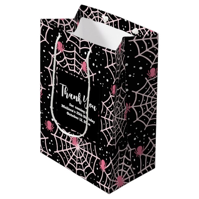 Halloween Cobwebs & Spiders Pattern Thank You Medium Gift Bag (Front Angled)