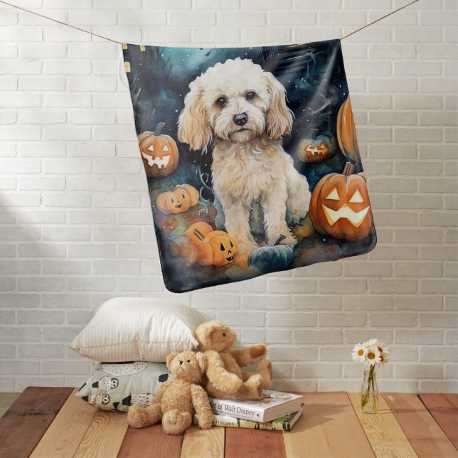 Halloween Cockapoo With Pumpkins Scary  Baby Blanket (In Situ)