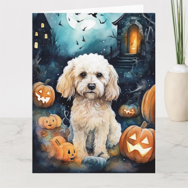 Halloween Cockapoo With Pumpkins Scary  Card (Front)