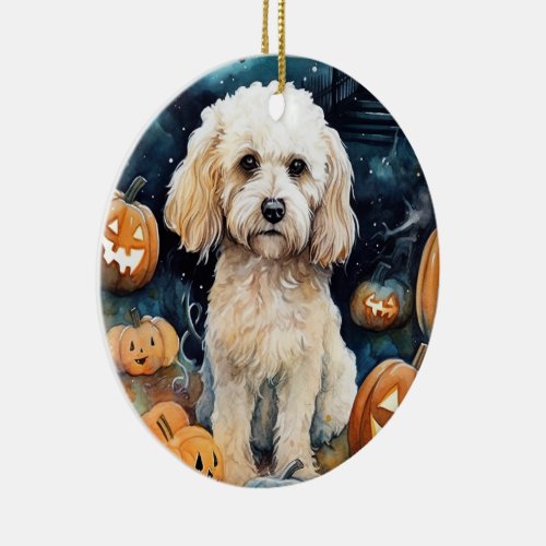 Halloween Cockapoo With Pumpkins Scary  Ceramic Ornament