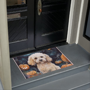 Halloween Cockapoo With Pumpkins Scary Doormat