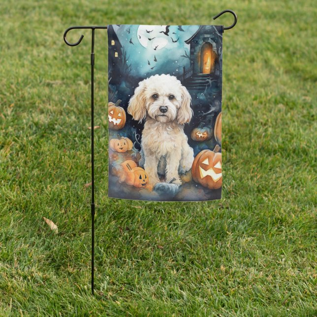 Halloween Cockapoo With Pumpkins Scary  Garden Flag (In SItu)