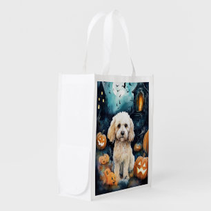 Halloween Cockapoo With Pumpkins Scary Grocery Bag