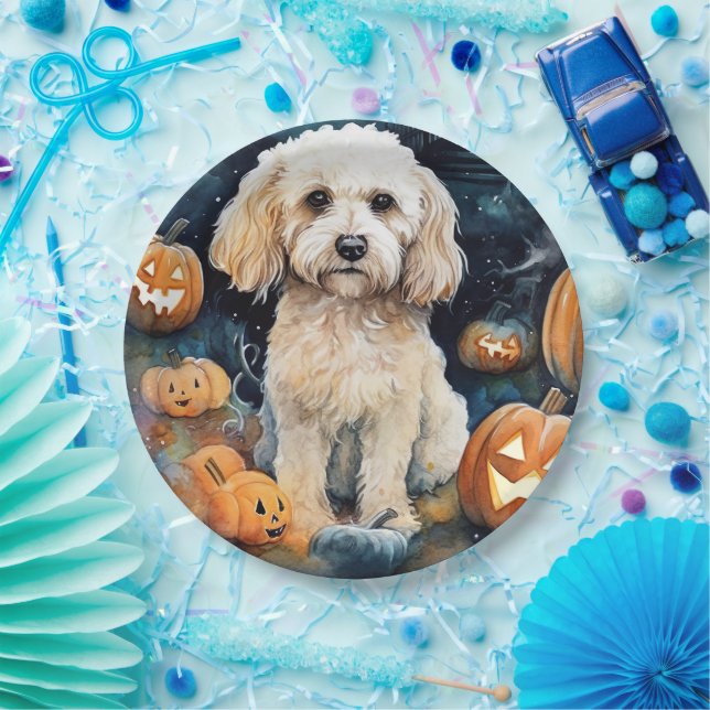 Halloween Cockapoo With Pumpkins Scary  Paper Plates (Party)
