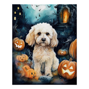 Halloween Cockapoo With Pumpkins Scary Poster