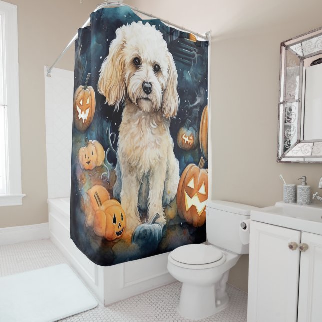 Halloween Cockapoo With Pumpkins Scary  Shower Curtain (In Situ)