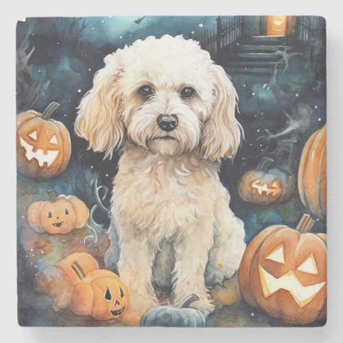 Halloween Cockapoo With Pumpkins Scary  Stone Coaster