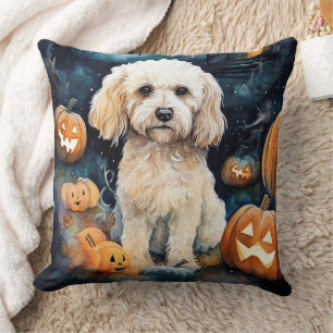 Halloween Cockapoo With Pumpkins Scary Throw Pillow