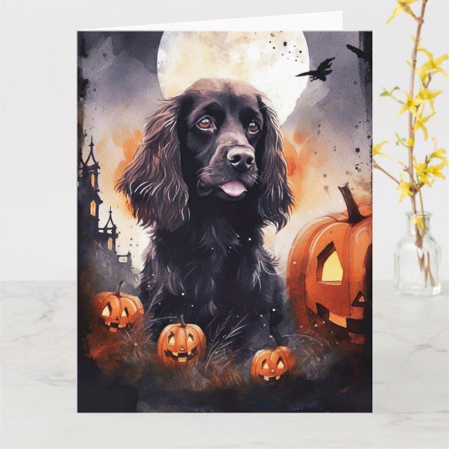Halloween Cocker Spaniel With Pumpkins  Card (Yellow Flower)