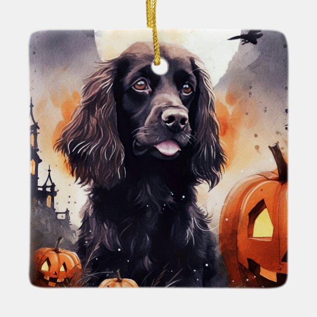 Halloween Cocker Spaniel With Pumpkins  Ceramic Ornament (Front)