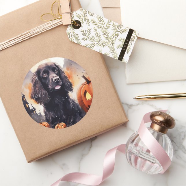 Halloween Cocker Spaniel With Pumpkins  Classic Round Sticker (Gifting)