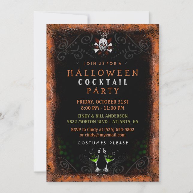 Halloween Cocktail Party Black Orange Border Skull Invitation (Front)