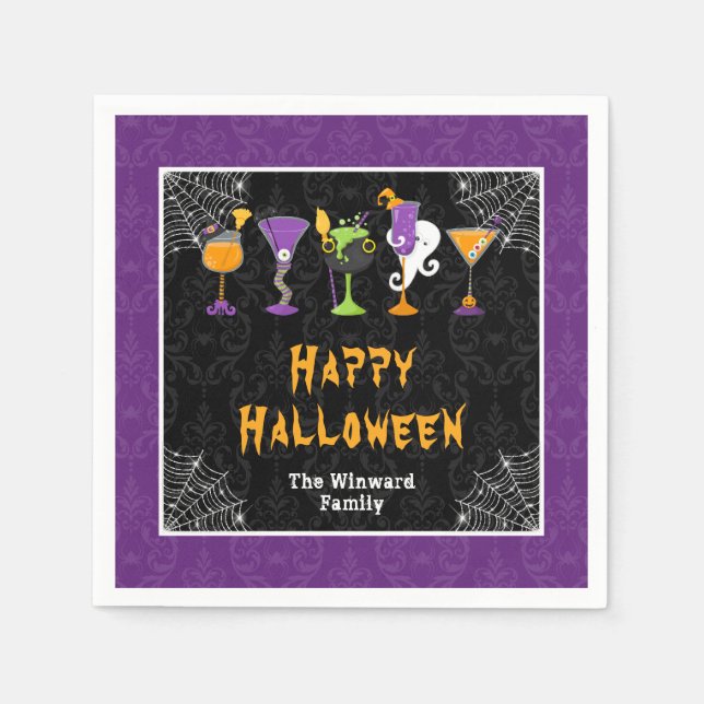 Halloween Cocktails and Costumes Party Purple Napkins (Front)