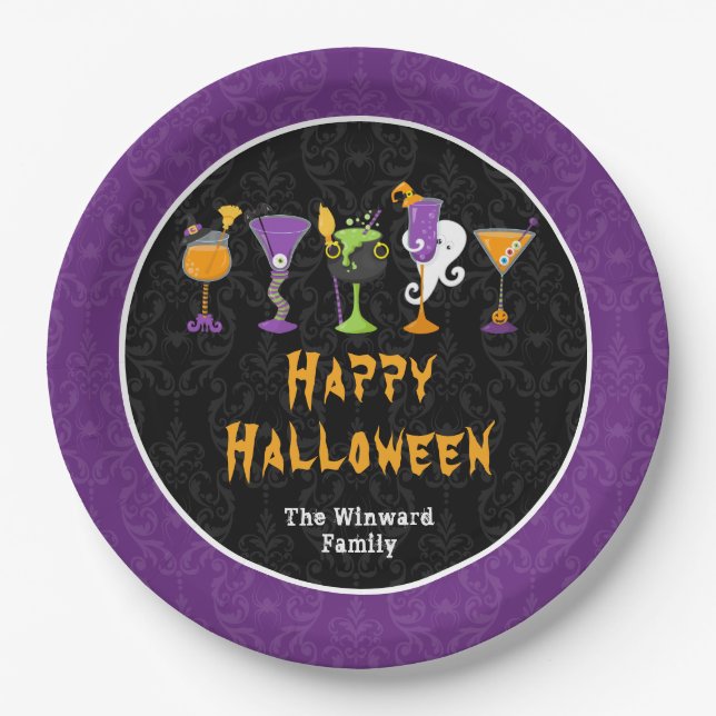 Halloween Cocktails and Costumes Party Purple Paper Plates (Front)