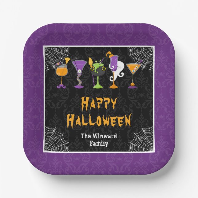Halloween Cocktails and Costumes Party Purple Paper Plates (Front)